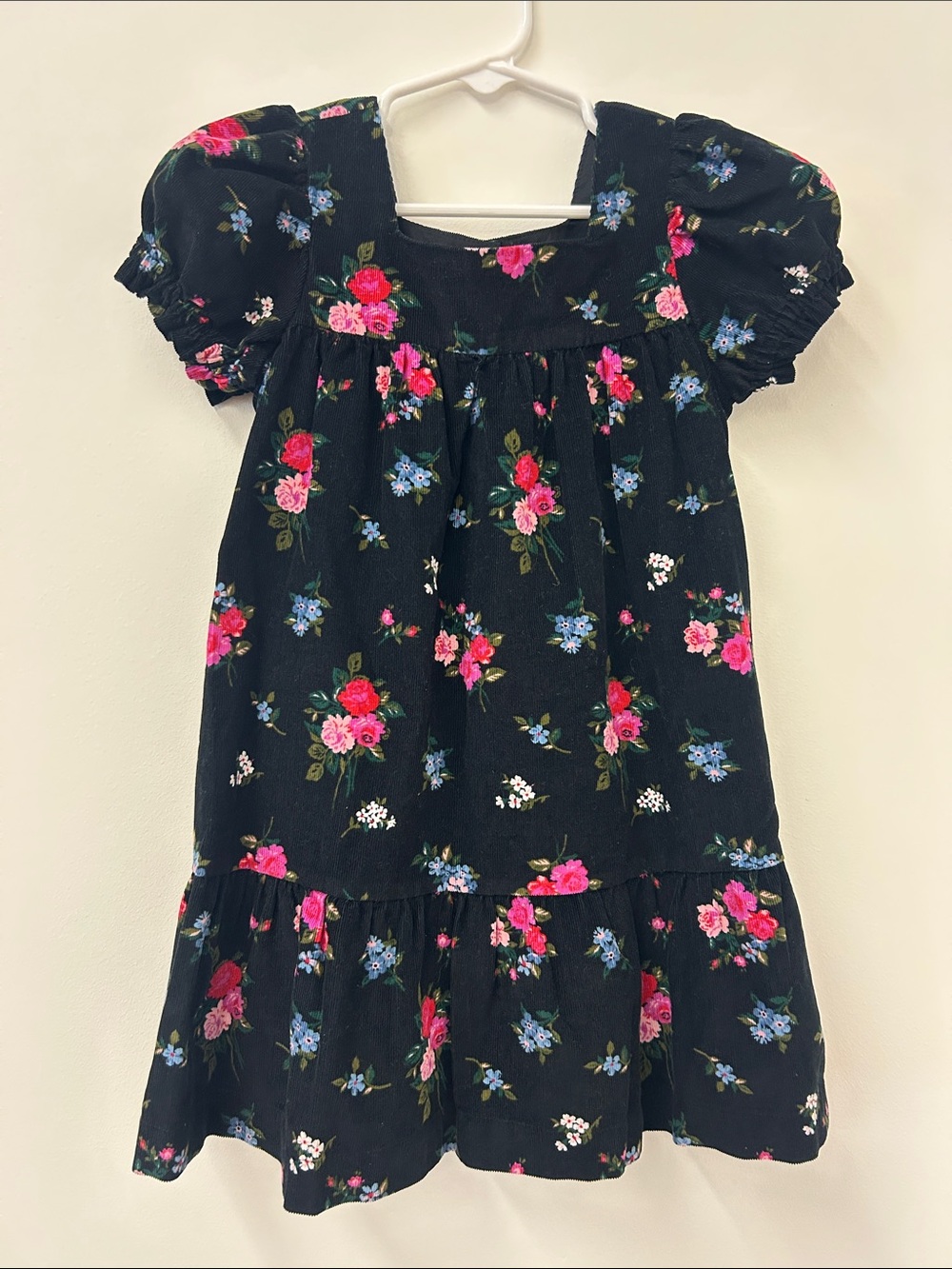 GAP Black Floral Puff-Sleeve Corduroy Dress with Pink & Blue Blooms